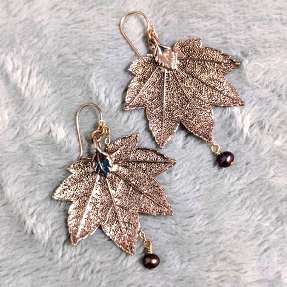Vintage 80s Silver-plated/Gold Filled Leaf Motif Earrings Made from Real Leaves - Picture 5 of 16